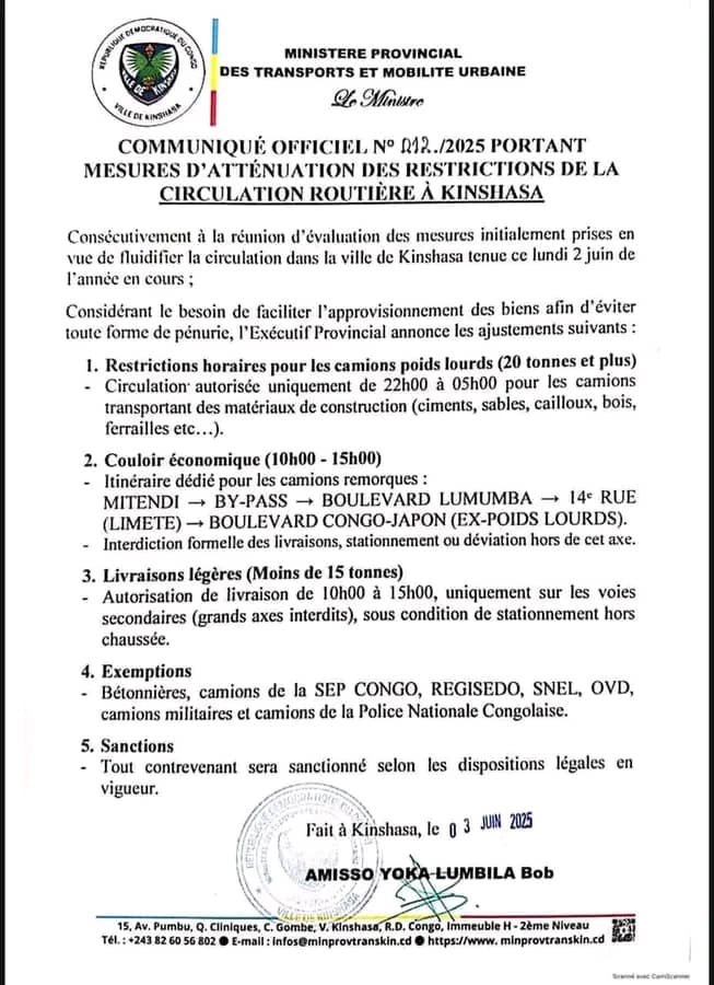 KINSHASA : MISE EN PLACE D'UN COULOIR ÉCONOMIQUE POUR RÉGULER LA CIRCULATION DES CAMIONS POIDS LOURDS